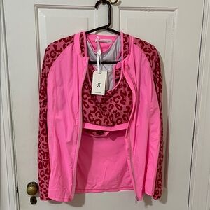 Jasambac Pink and Red 3pc Leopard Print Activewear Set NWT